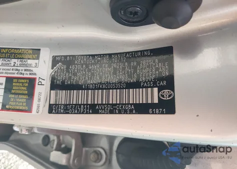 2012 Toyota Camry Hybrid Xle from USA, damaged, VIN 4T1BD1FK8CU053520